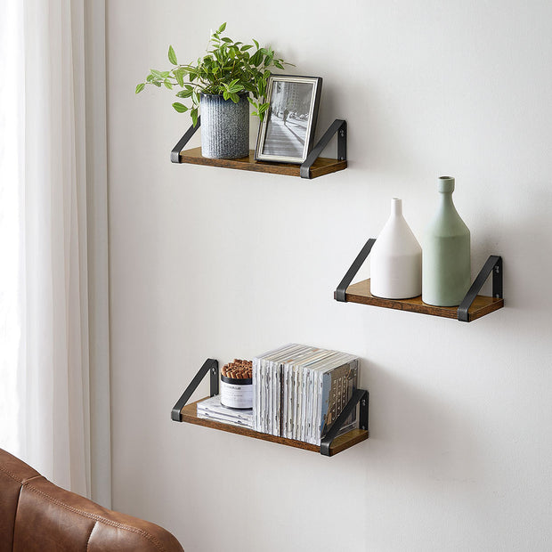 Floating Display Shelf Set – Wood – Rustic Brown – Wall Mounted, Industrial Design