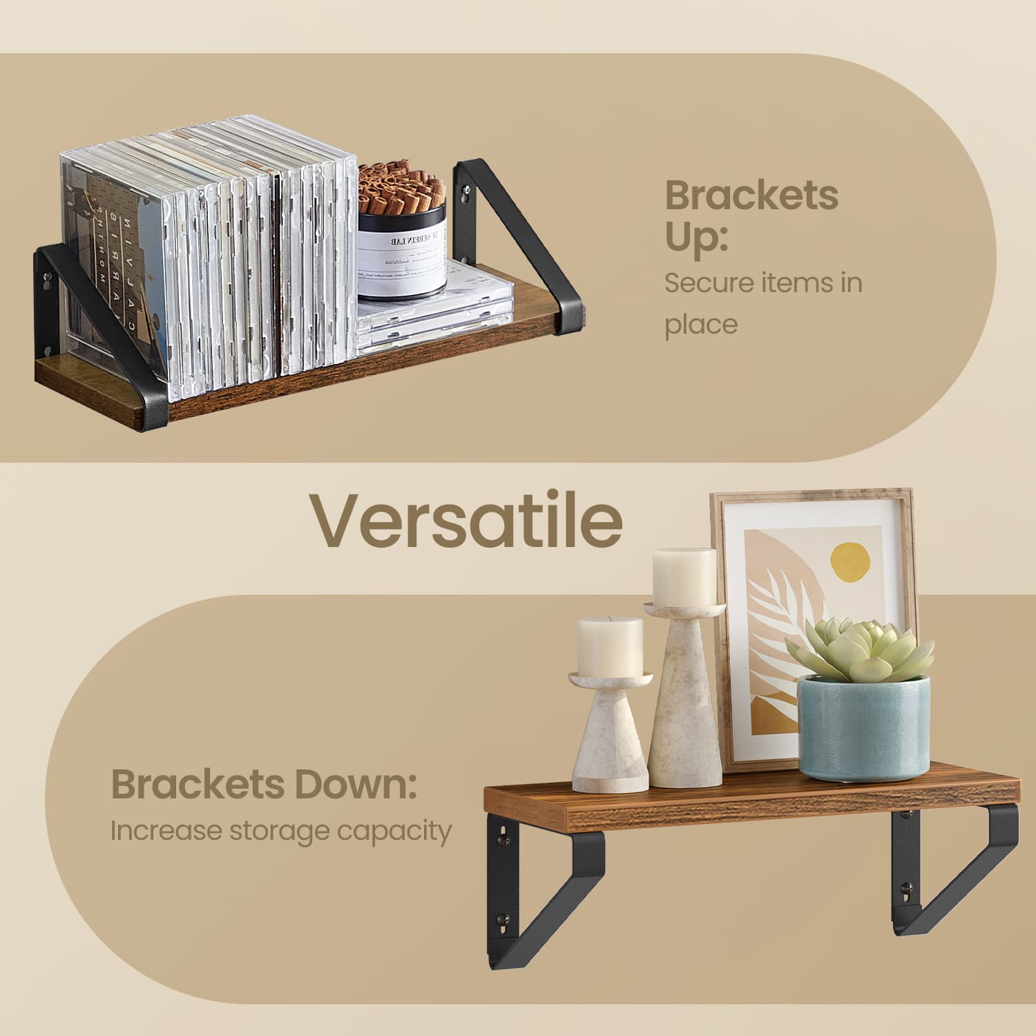 Set of 3 Wall Mounted Floating Shelves – Wood and Metal – Rustic Brown and Matte Black – Versatile Mounting Options