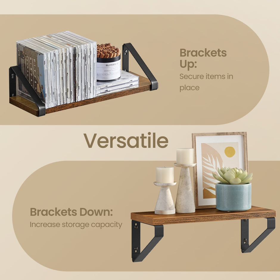 Set of 3 Wall Mounted Floating Shelves – Wood and Metal – Rustic Brown and Matte Black – Versatile Mounting Options