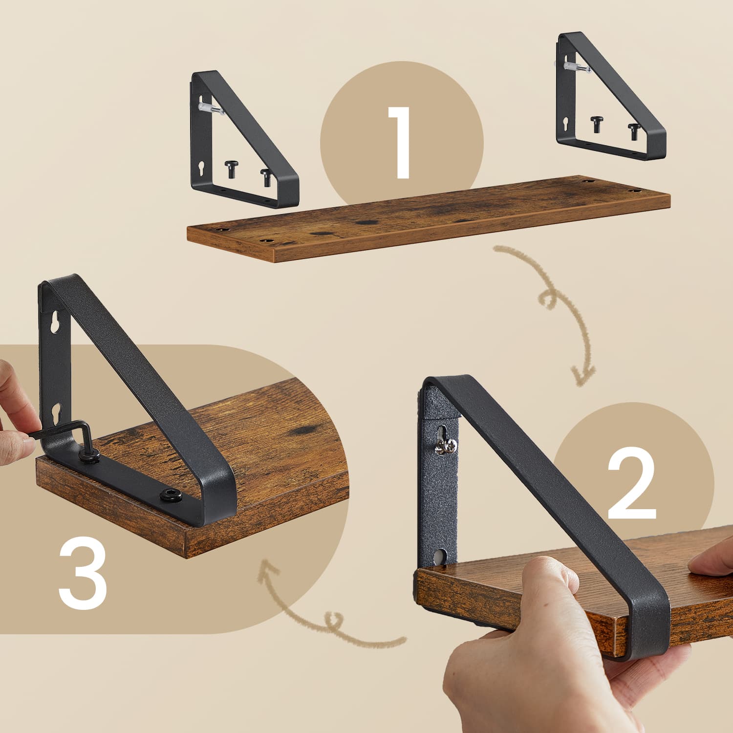 Set of 3 Wall Mounted Floating Shelves – Wood and Metal – Rustic Brown and Matte Black – Versatile Mounting Options