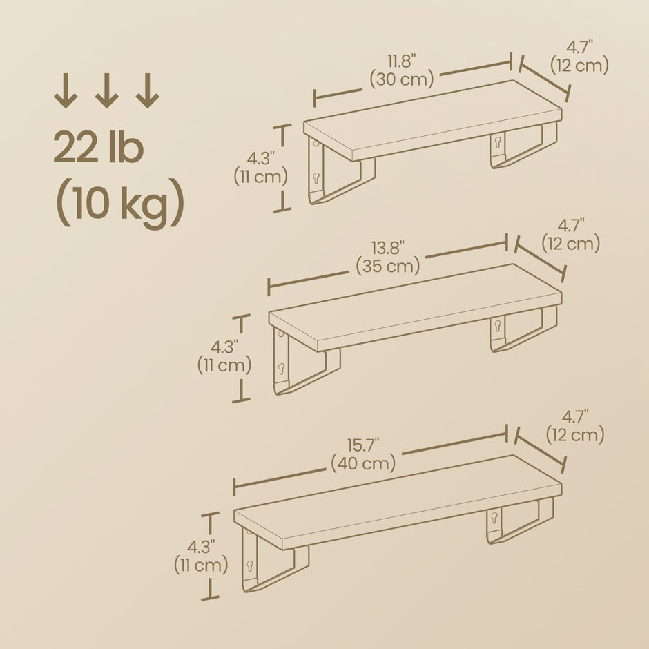 Set of 3 Wall Mounted Floating Shelves – Wood and Metal – Rustic Brown and Matte Black – Versatile Mounting Options