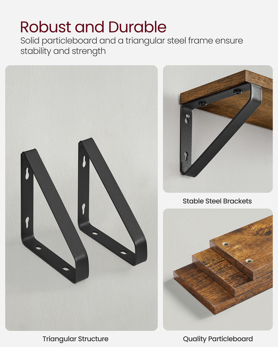 Floating Display Shelf Set – Wood – Rustic Brown – Wall Mounted, Industrial Design