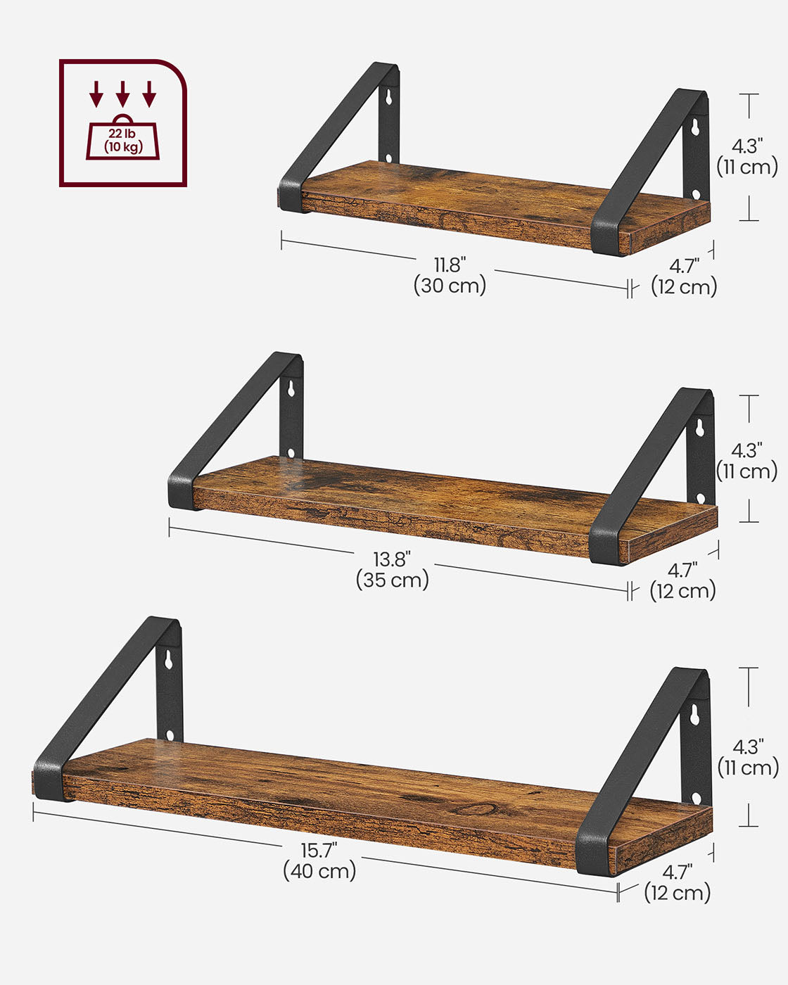 Floating Display Shelf Set – Wood – Rustic Brown – Wall Mounted, Industrial Design