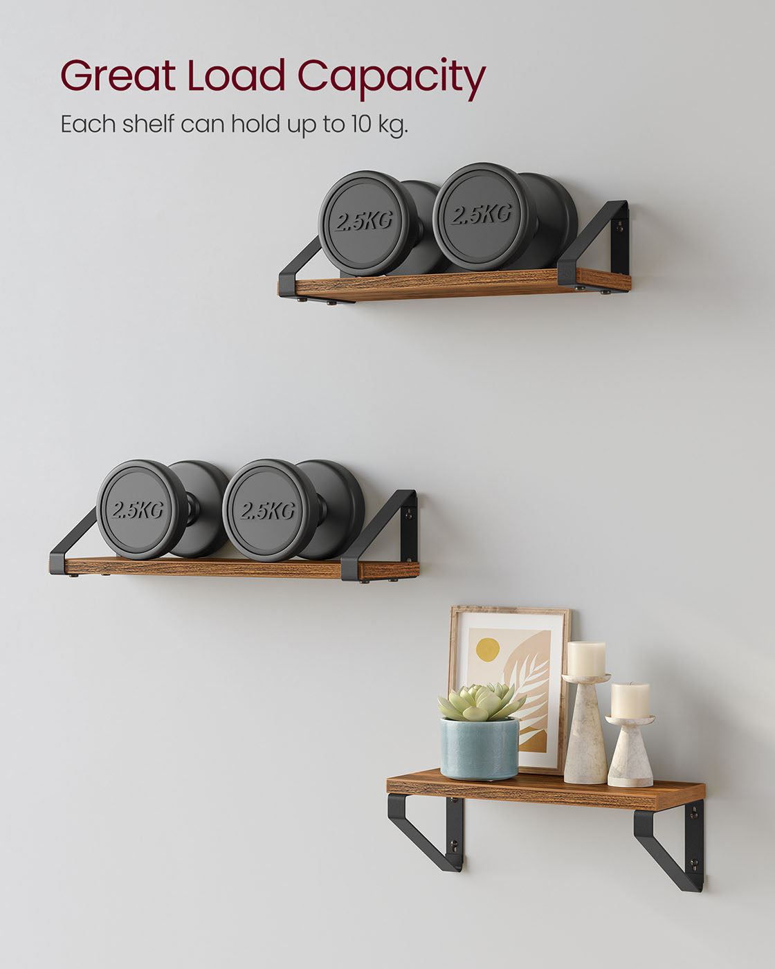 Floating Display Shelf Set – Wood – Rustic Brown – Wall Mounted, Industrial Design