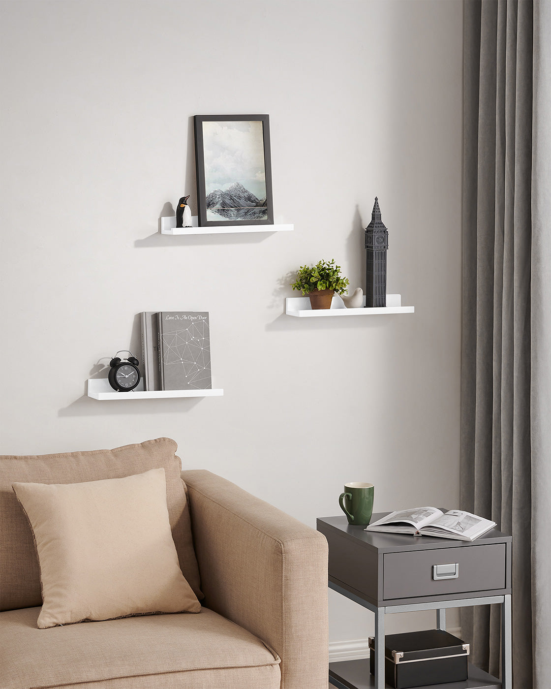 Floating Ledge Shelf – Wood – White – Set of 3 with Invisible Assembly
