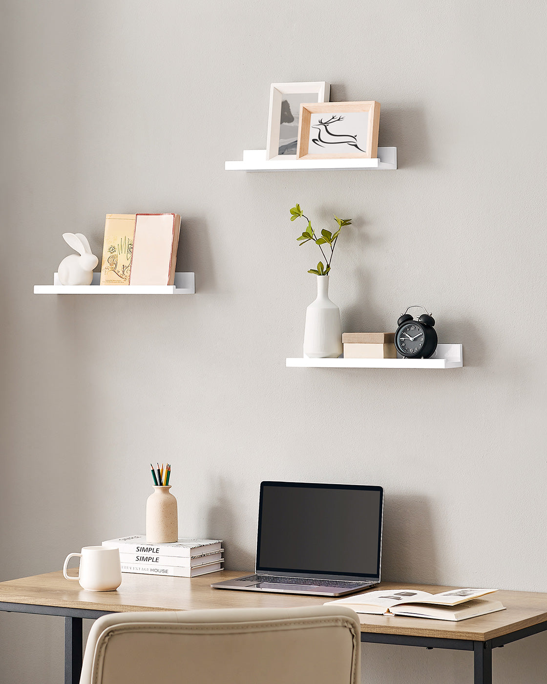 Floating Ledge Shelf – Wood – White – Set of 3 with Invisible Assembly