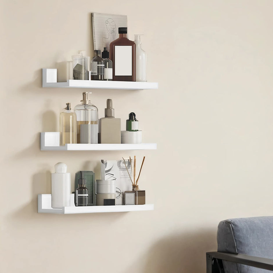 Floating Wall Shelves – Wood – White – Set of 3, Modern Design for Living Room and Home Office