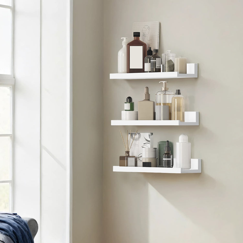 Floating Wall Shelves – Wood – White – Set of 3, Modern Design for Living Room and Home Office