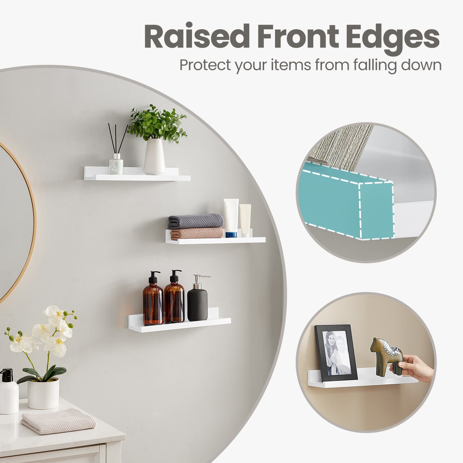 Floating Wall Shelves – Wood – White – Set of 3, Modern Design for Living Room and Home Office