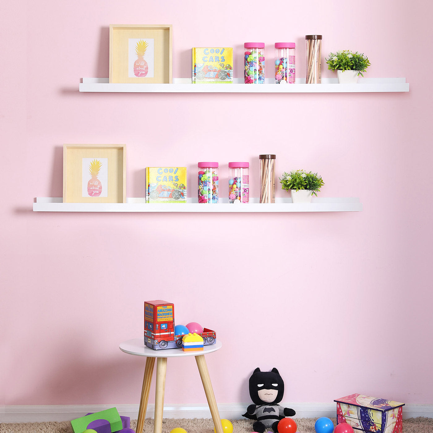 Floating Shelf – MDF – White – Long Design for Picture Frames and Books, 115 x 10 cm