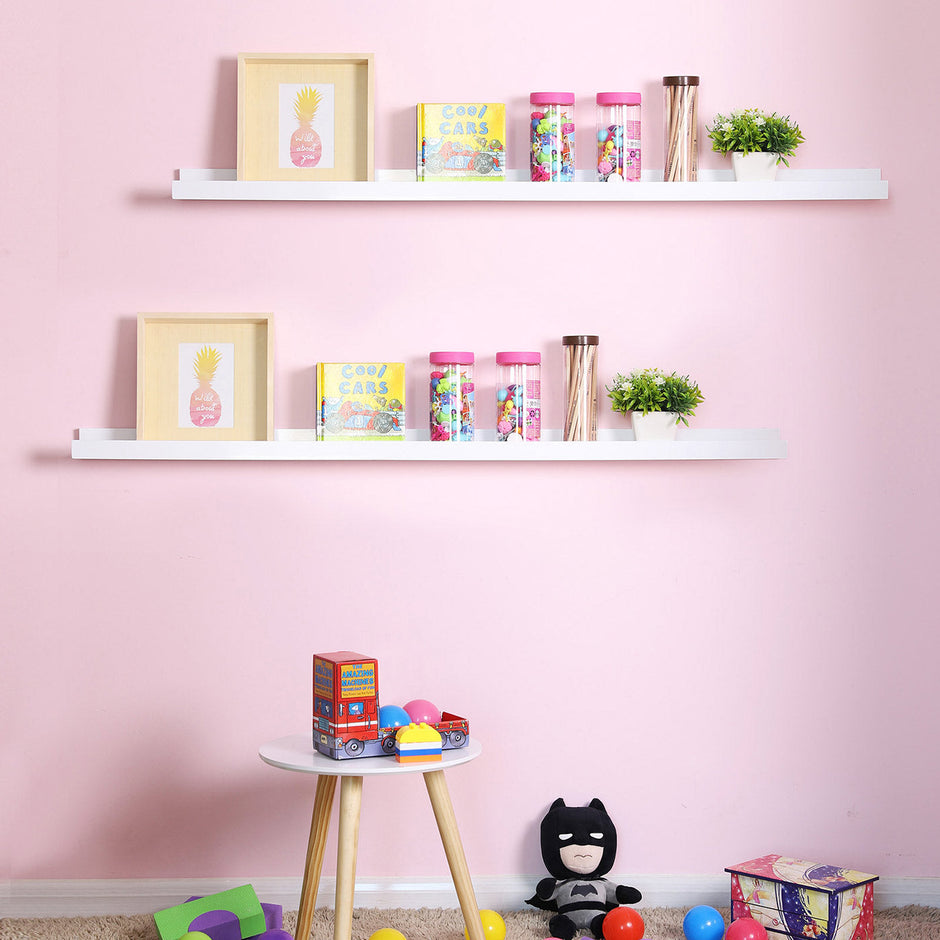 Floating Shelf – MDF – White – Long Design for Picture Frames and Books, 115 x 10 cm