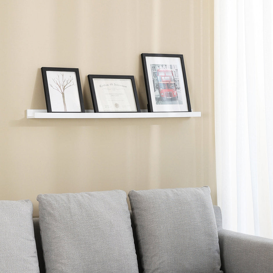 Floating Shelf – MDF – White – Long Design for Picture Frames and Books, 115 x 10 cm