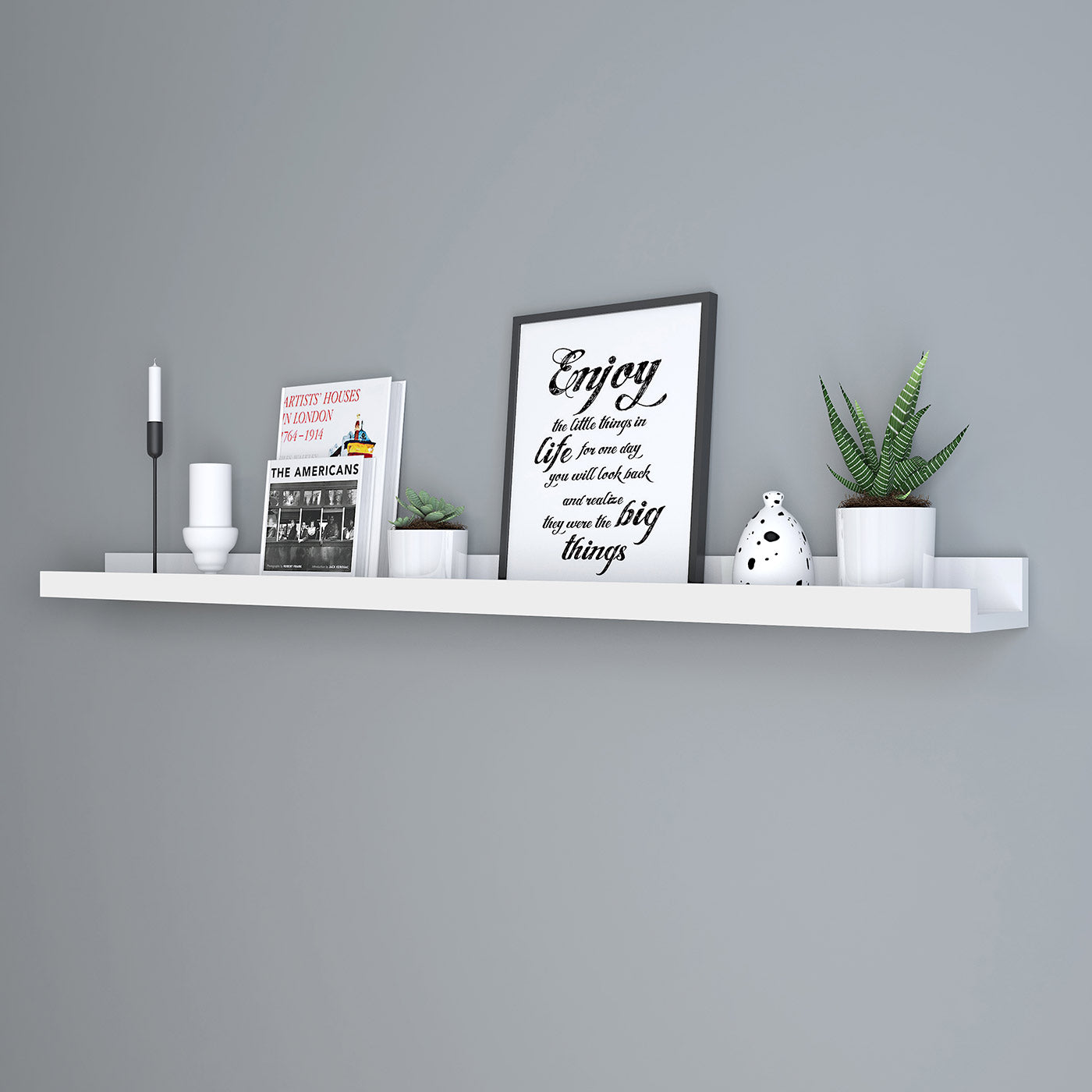 Floating Shelf – MDF – White – Long Design for Picture Frames and Books, 115 x 10 cm