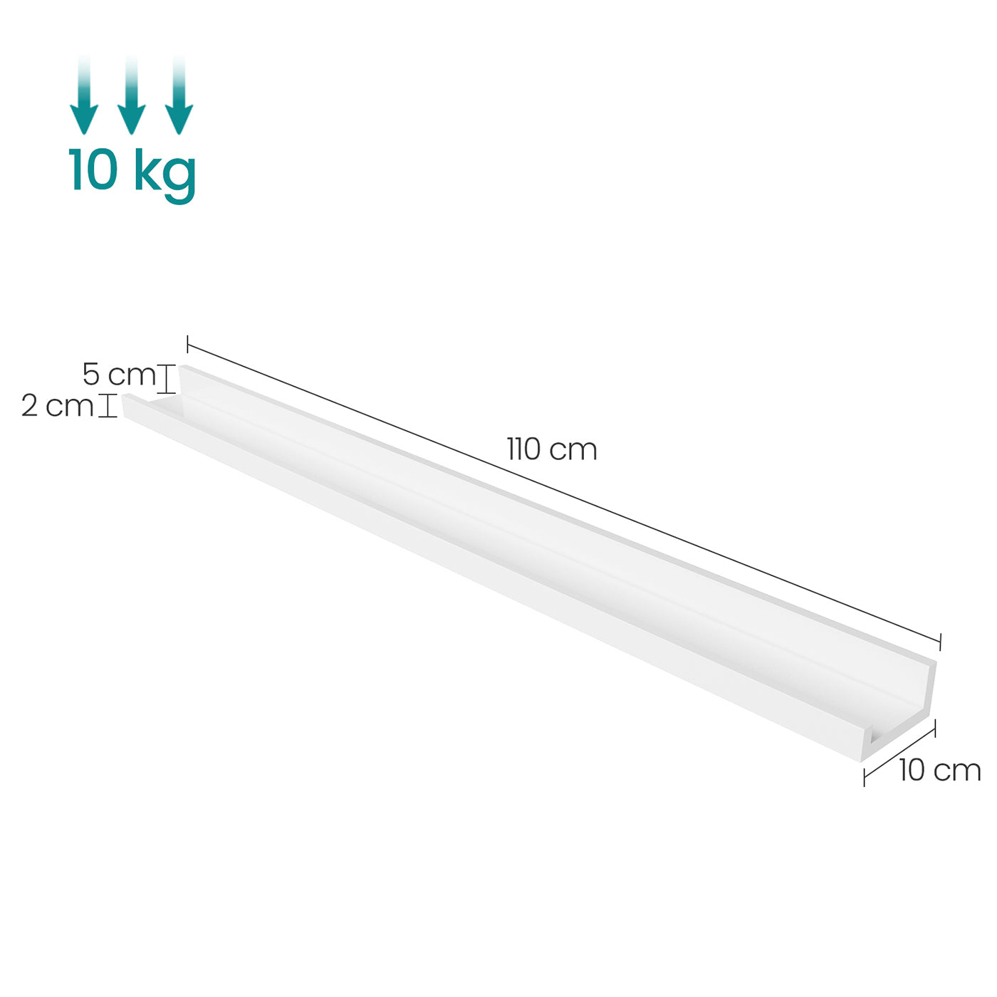 Floating Shelf – MDF – White – Long Design for Picture Frames and Books, 115 x 10 cm