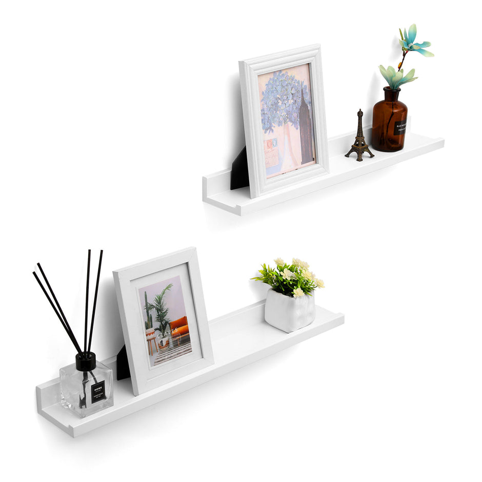 Floating Wall Shelf Set – MDF – White – High-Gloss Finish for Picture Frames and Books