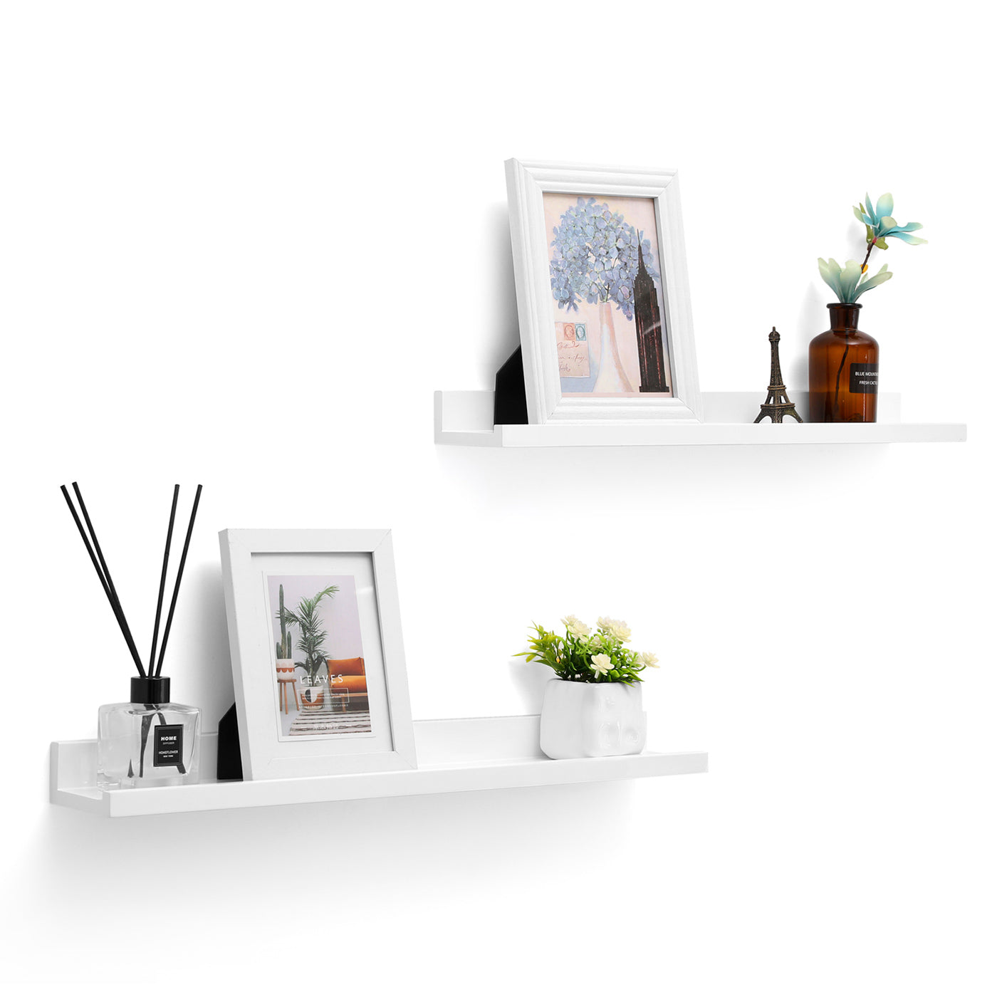 Floating Wall Shelf Set – MDF – White – High-Gloss Finish for Picture Frames and Books