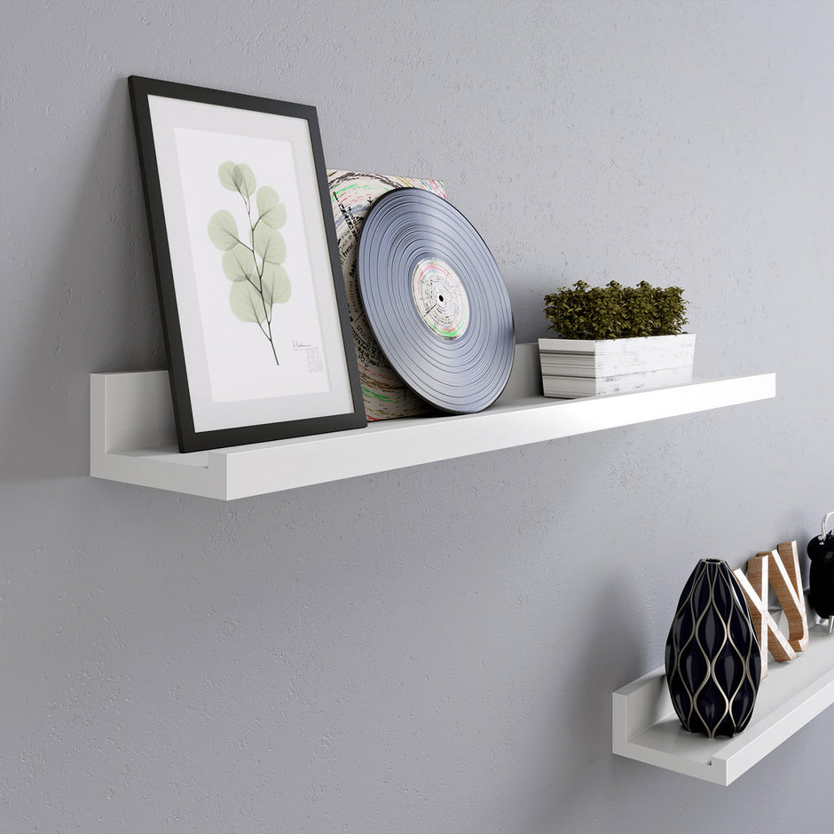 Floating Wall Shelf Set – MDF – White – High-Gloss Finish for Picture Frames and Books