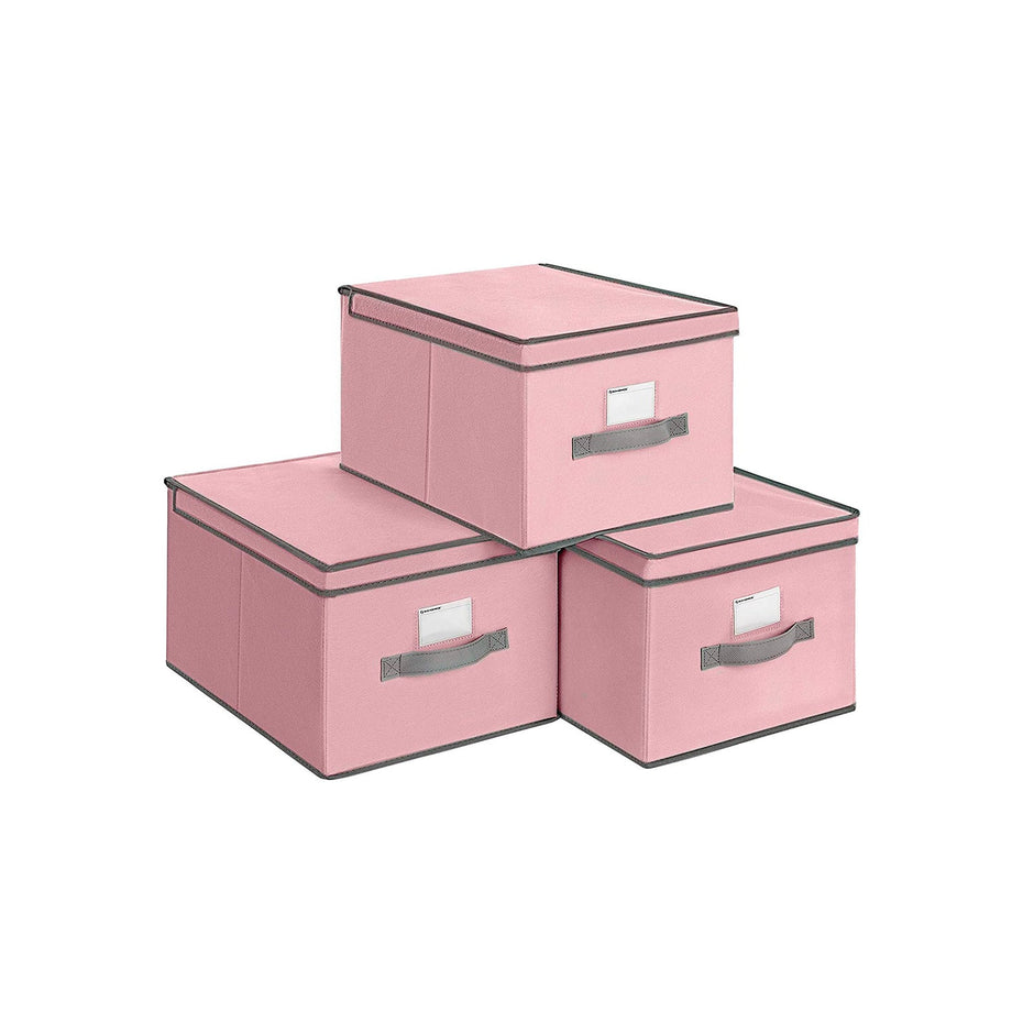 Storage Boxes – Fabric – Beige – Set of 3 with Label Holders and Lids