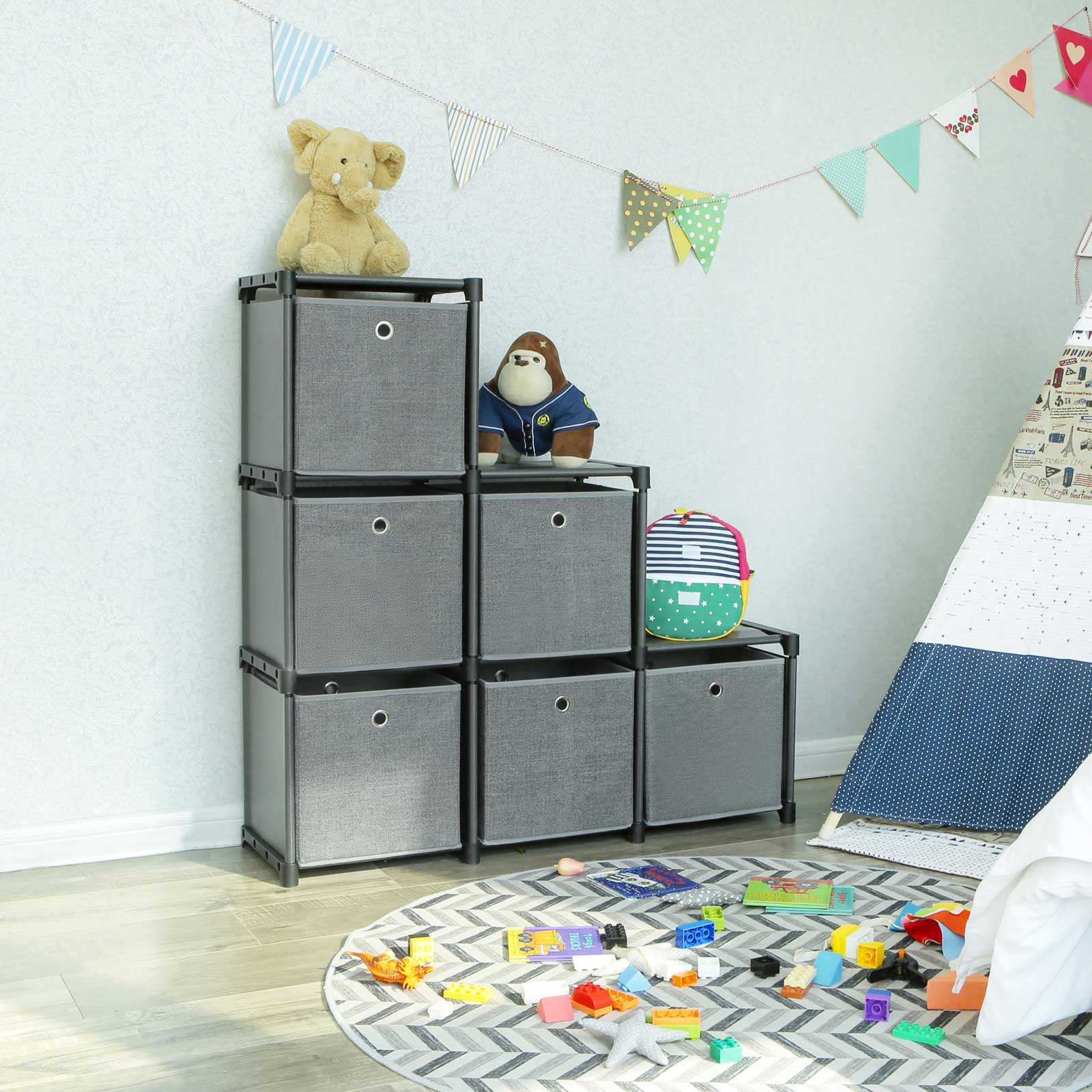 Ladder Storage Unit – Metal – Black – 6-Cube Modular Design with Storage Boxes