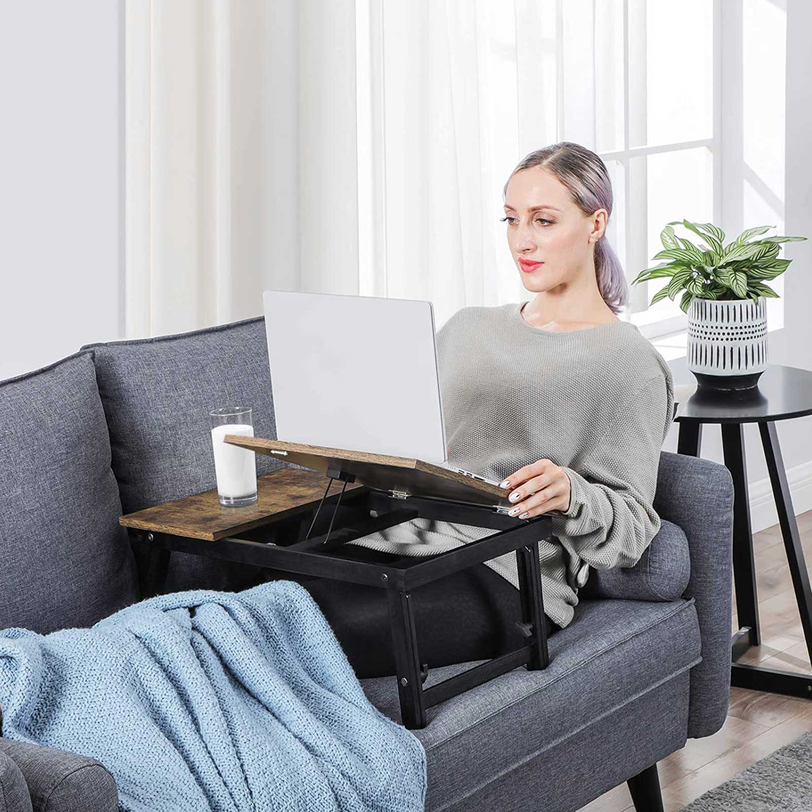 Laptop Desk – Wood – Rustic Brown – Adjustable Tilting Top with Folding Legs