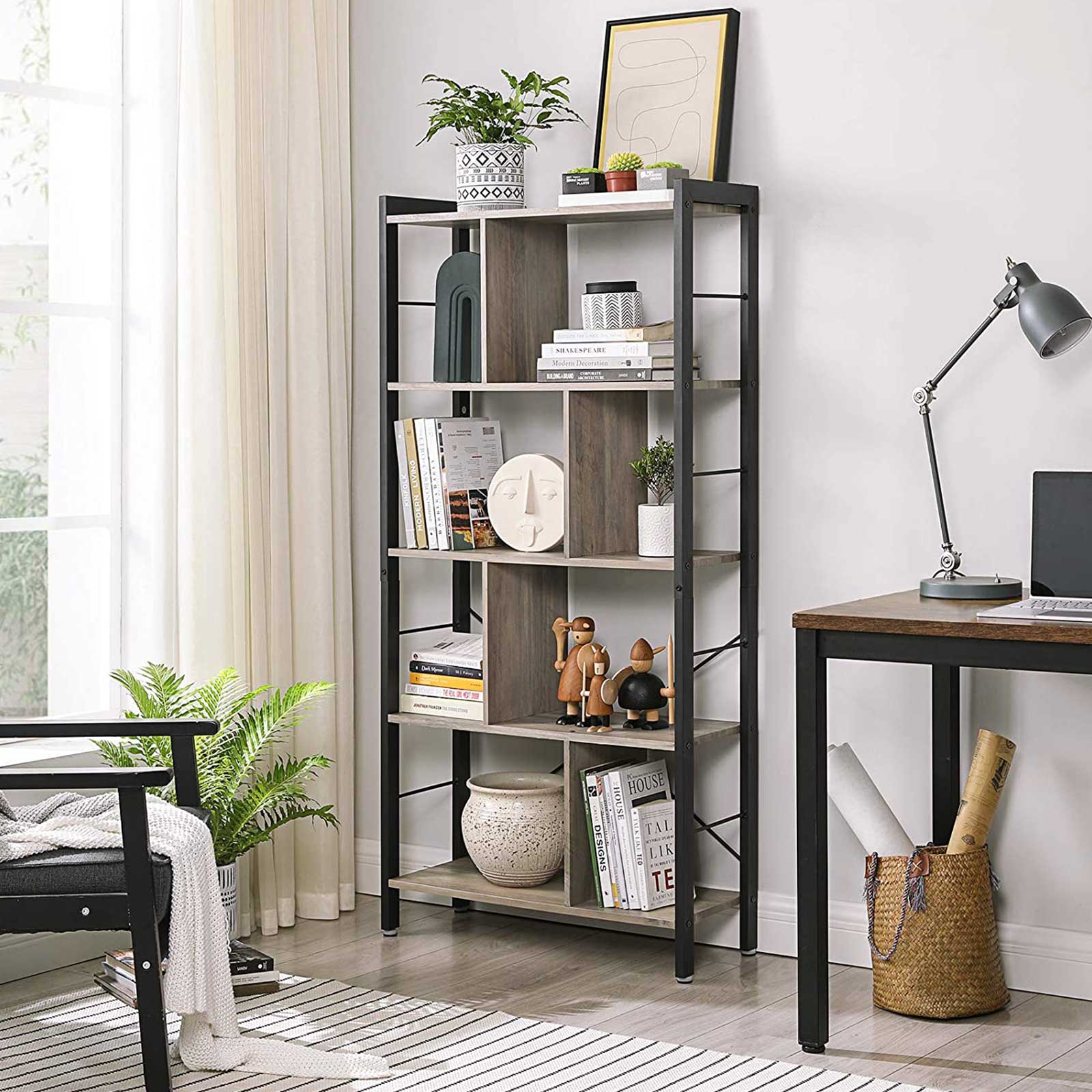 Large 4-Tier Bookcase – Steel – Greige and Black – Industrial Design with Stable Frame