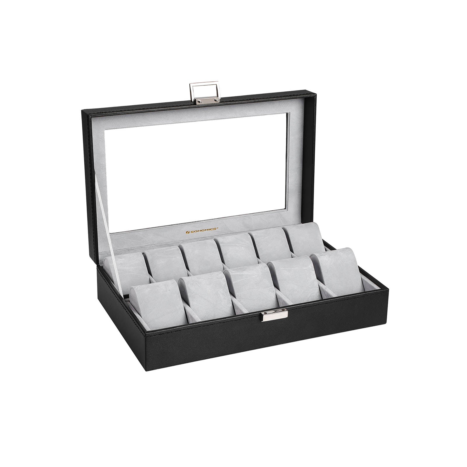 Watch Box – PU – Black – Large Compartment with Glass Window and Velvet Lining