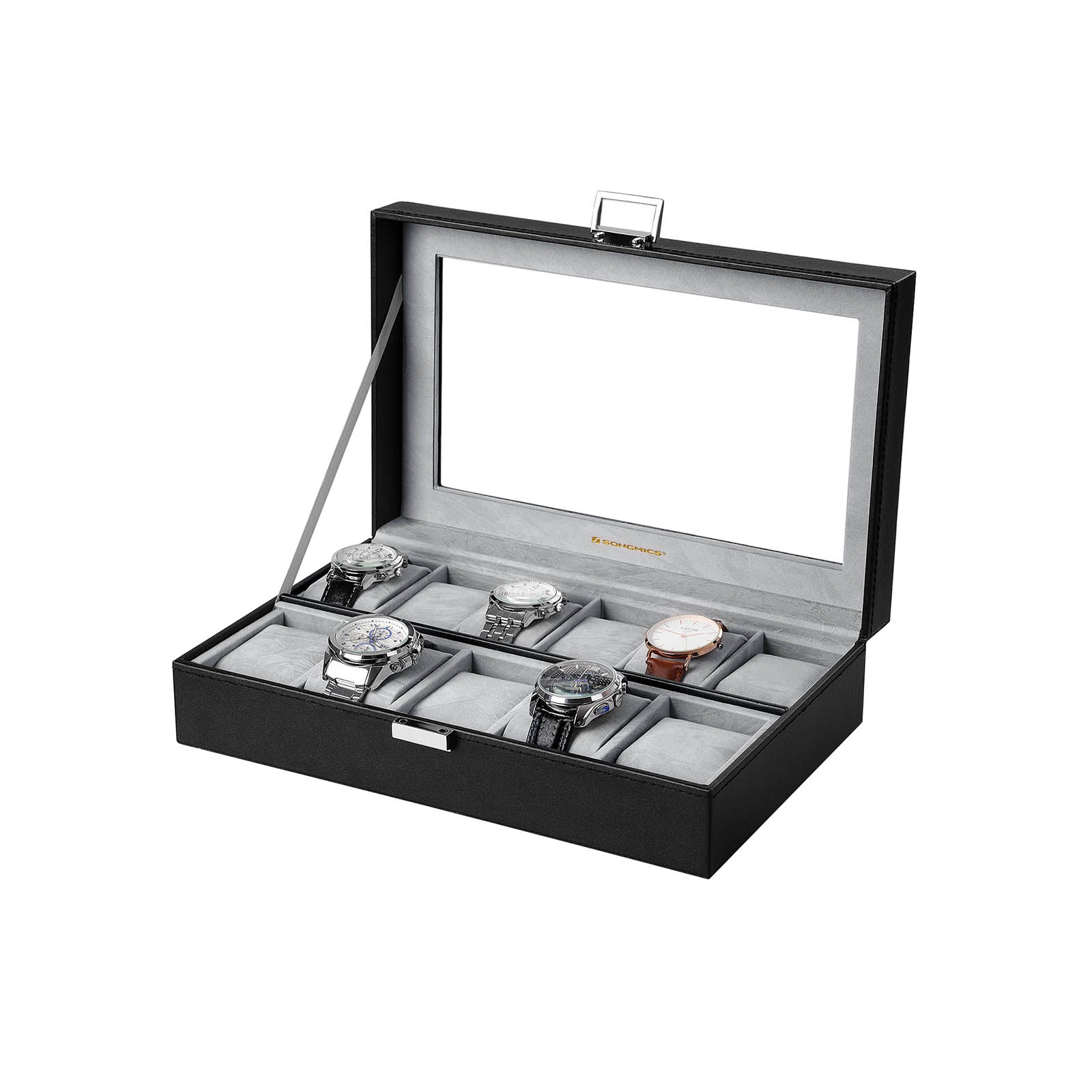 Watch Box – PU – Black – Large Compartment with Glass Window and Velvet Lining