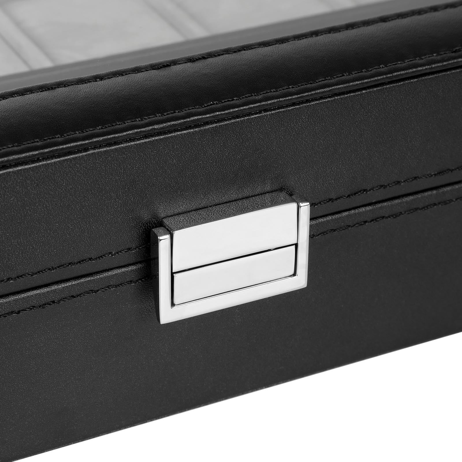 Watch Box – PU – Black – Large Compartment with Glass Window and Velvet Lining