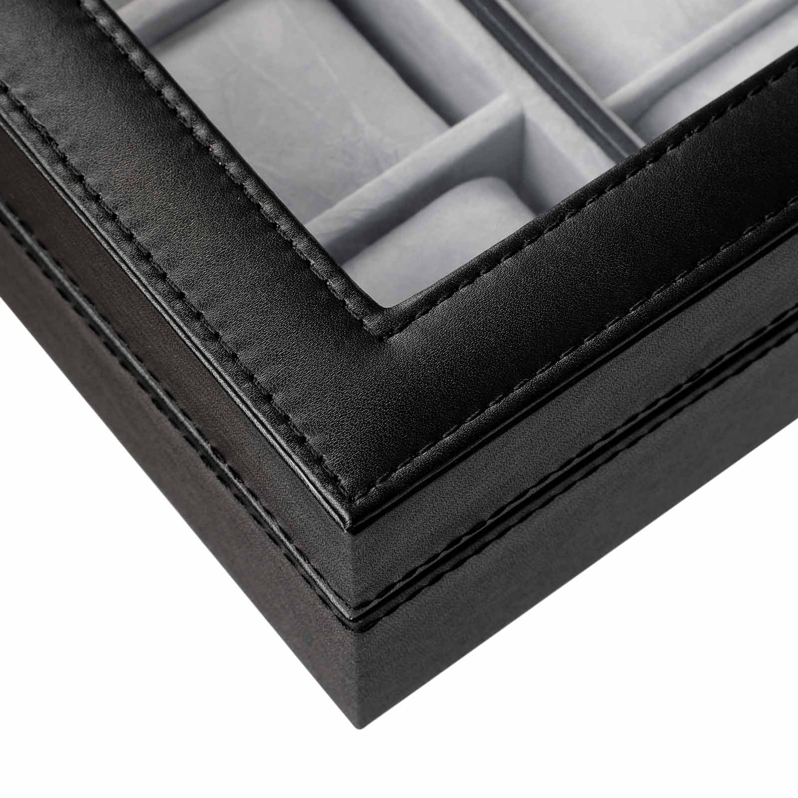 Watch Box – PU – Black – Large Compartment with Glass Window and Velvet Lining