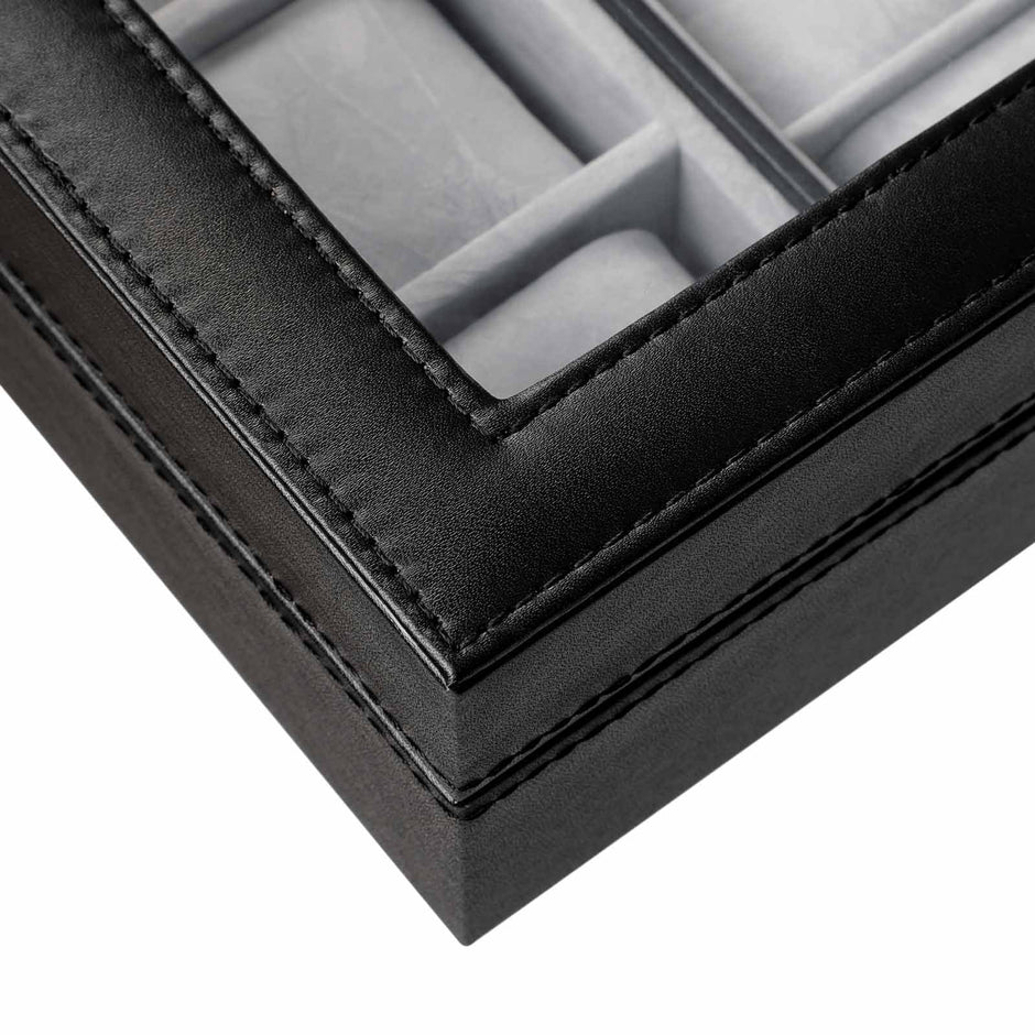 Watch Box – PU – Black – Large Compartment with Glass Window and Velvet Lining
