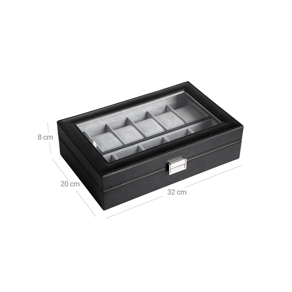 Watch Box – PU – Black – Large Compartment with Glass Window and Velvet Lining