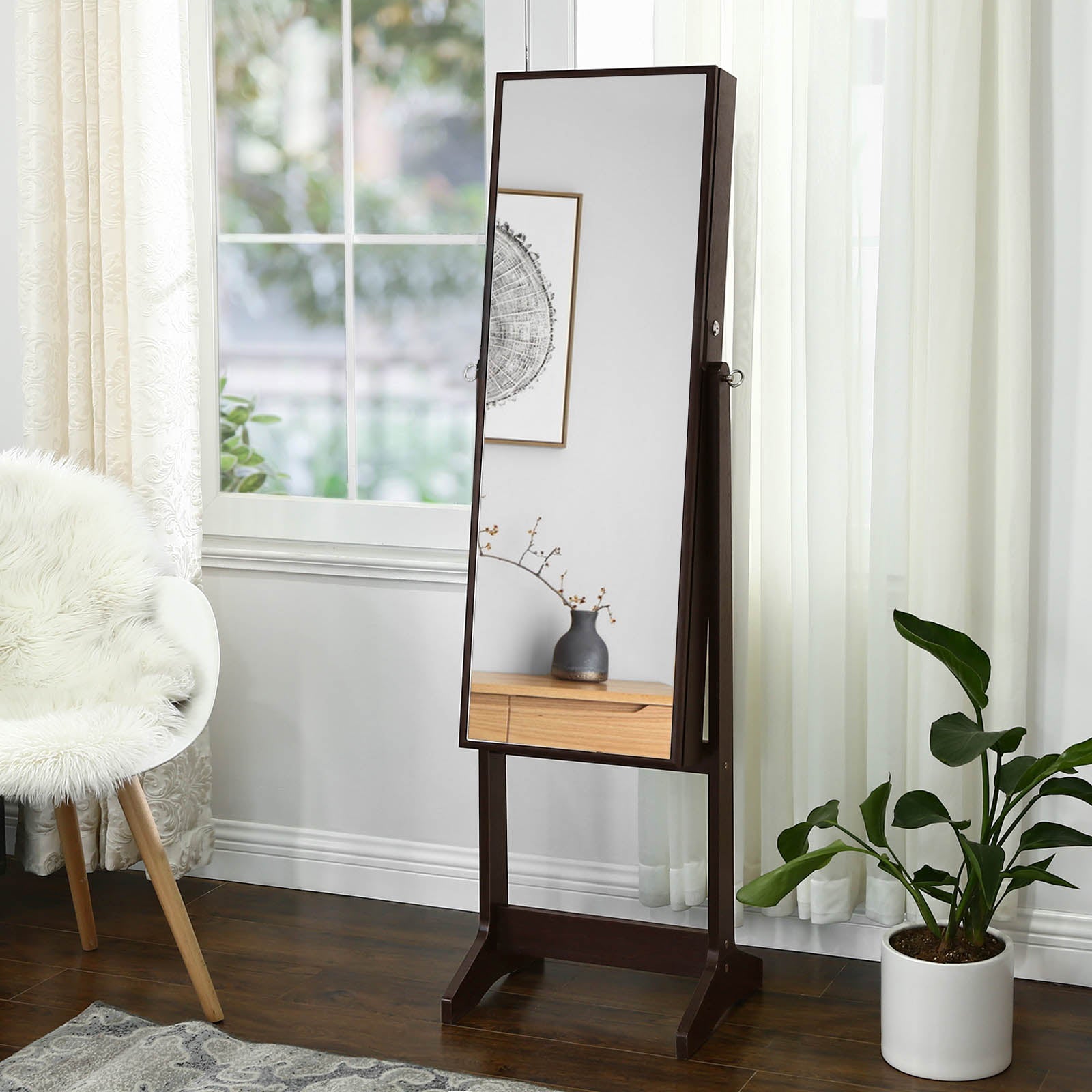 Jewelry Armoire – Wood – Brown – Full Length Mirror with Simple Assembly