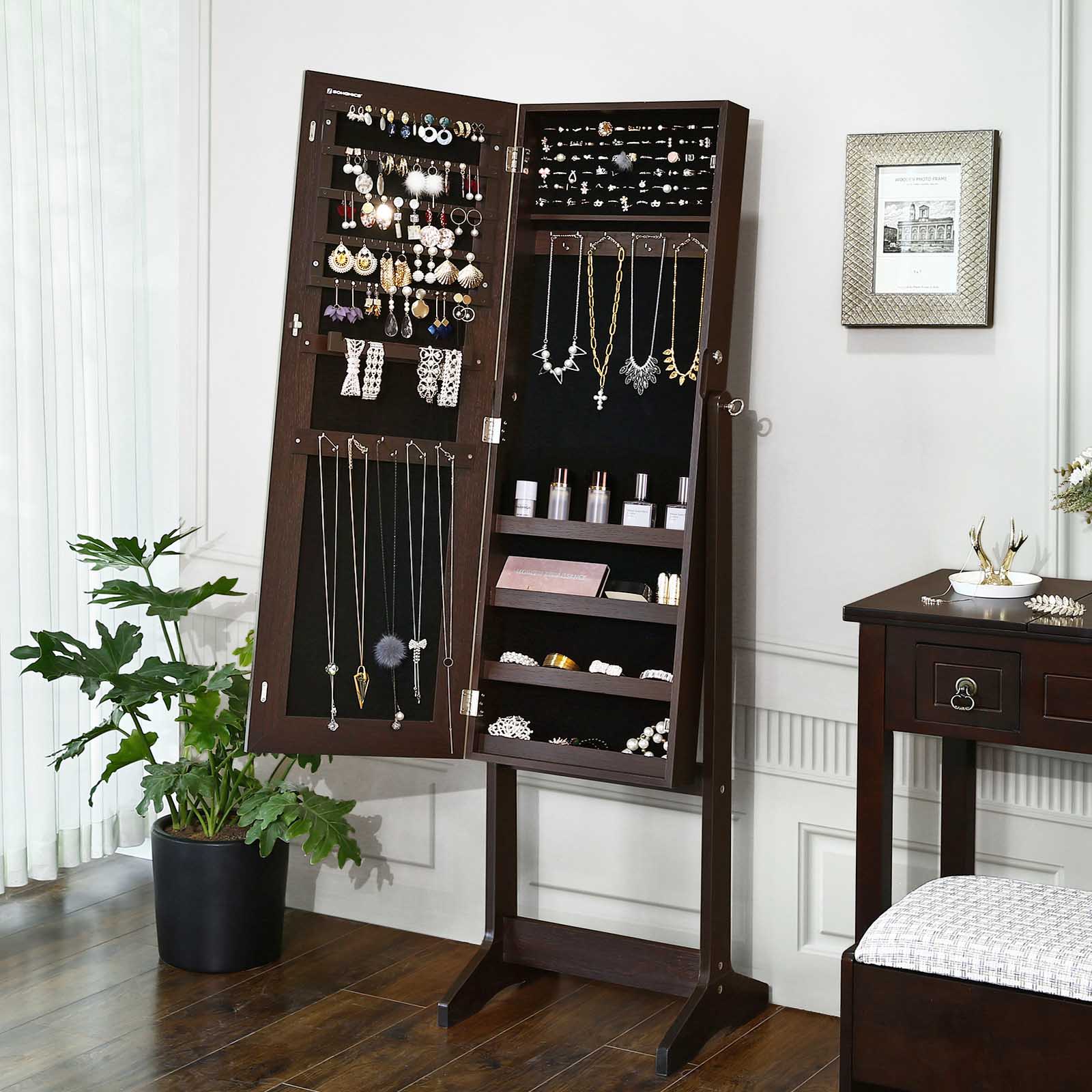 Jewelry Armoire – Wood – Brown – Full Length Mirror with Simple Assembly
