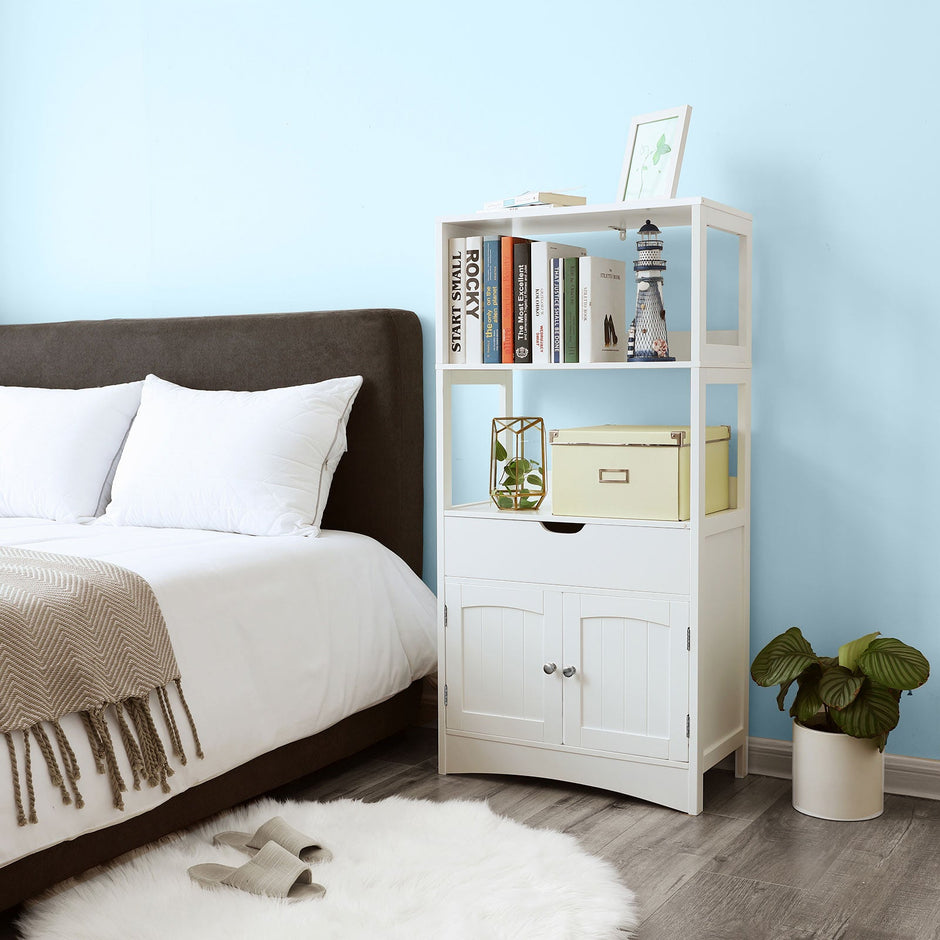Large Storage Cabinet – Engineered Wood – White – With Drawer and Open Shelves