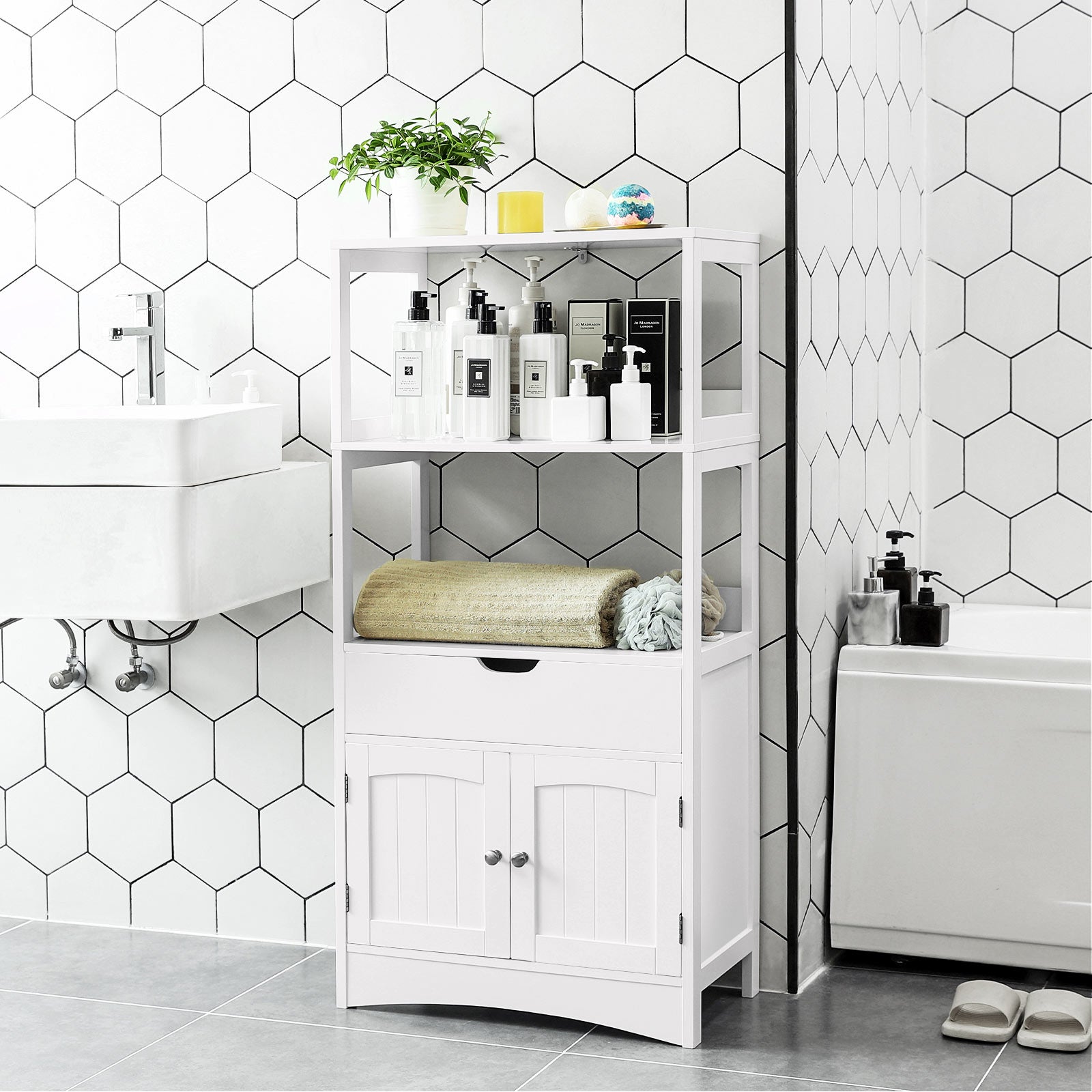 Large Storage Cabinet – Engineered Wood – White – With Drawer and Open Shelves