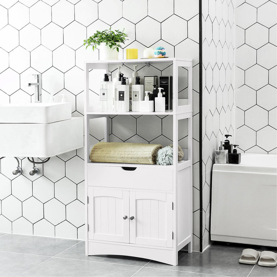 Large Storage Cabinet – Engineered Wood – White – With Drawer and Open Shelves