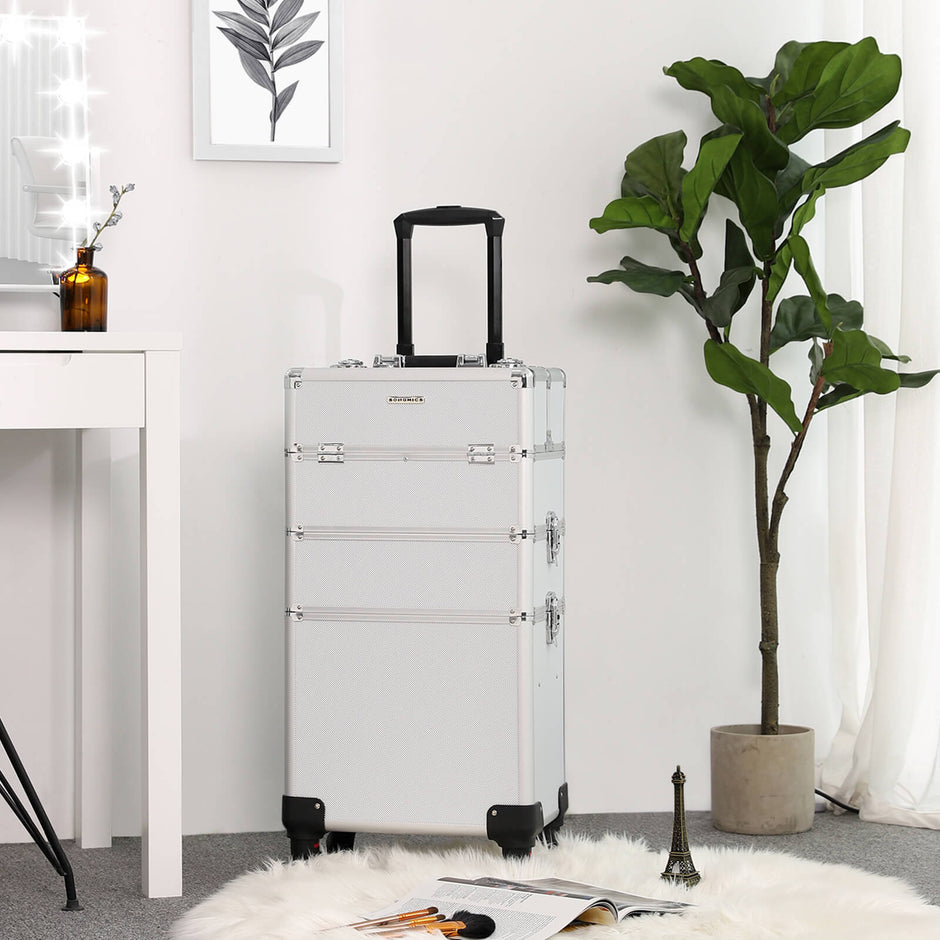 Large Trolley Cosmetic Case – Durable Material – Black – Lockable and Portable with 360-Degree Casters