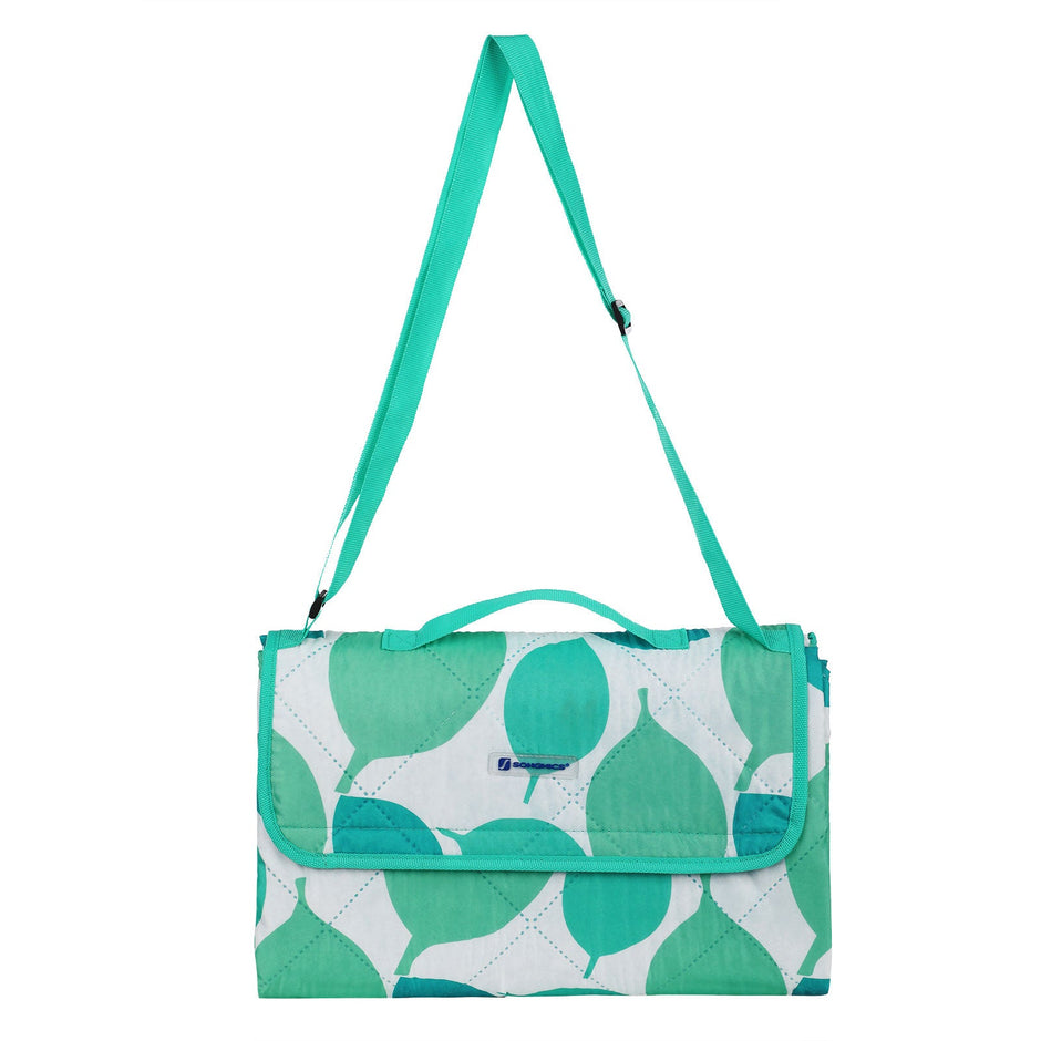 Insulated Picnic Blanket – Washable Fabric – Leaf Pattern – Lightweight & Foldable with Shoulder Strap
