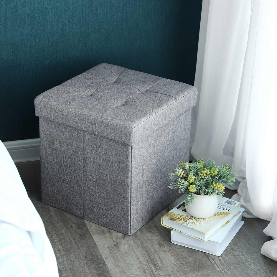 Folding Storage Ottoman – Linenette – Light Grey – Fire Safety, Space-Saving Design, Max Load 300 kg, 38 x 38 x 38 cm