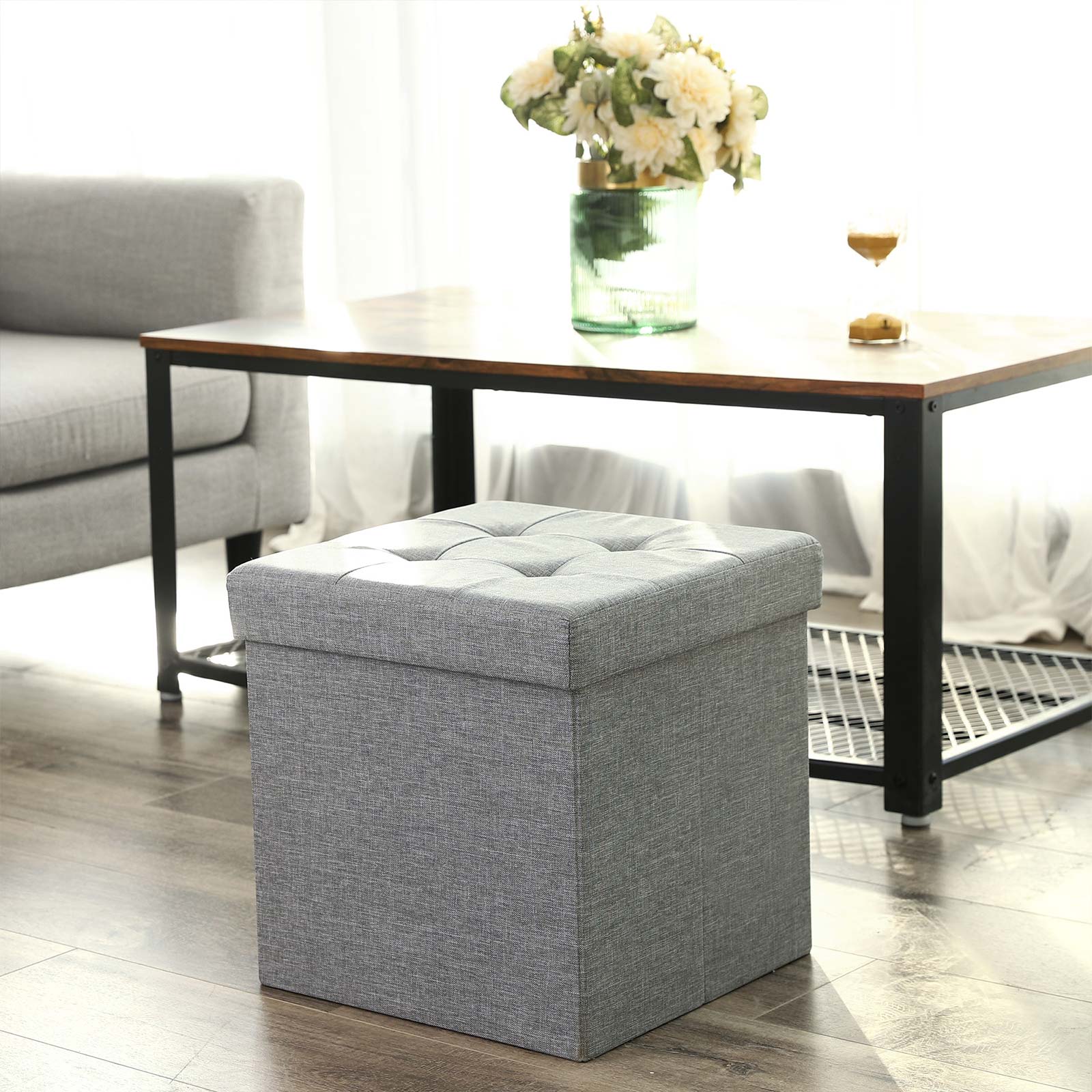 Folding Storage Ottoman – Linenette – Light Grey – Fire Safety, Space-Saving Design, Max Load 300 kg, 38 x 38 x 38 cm