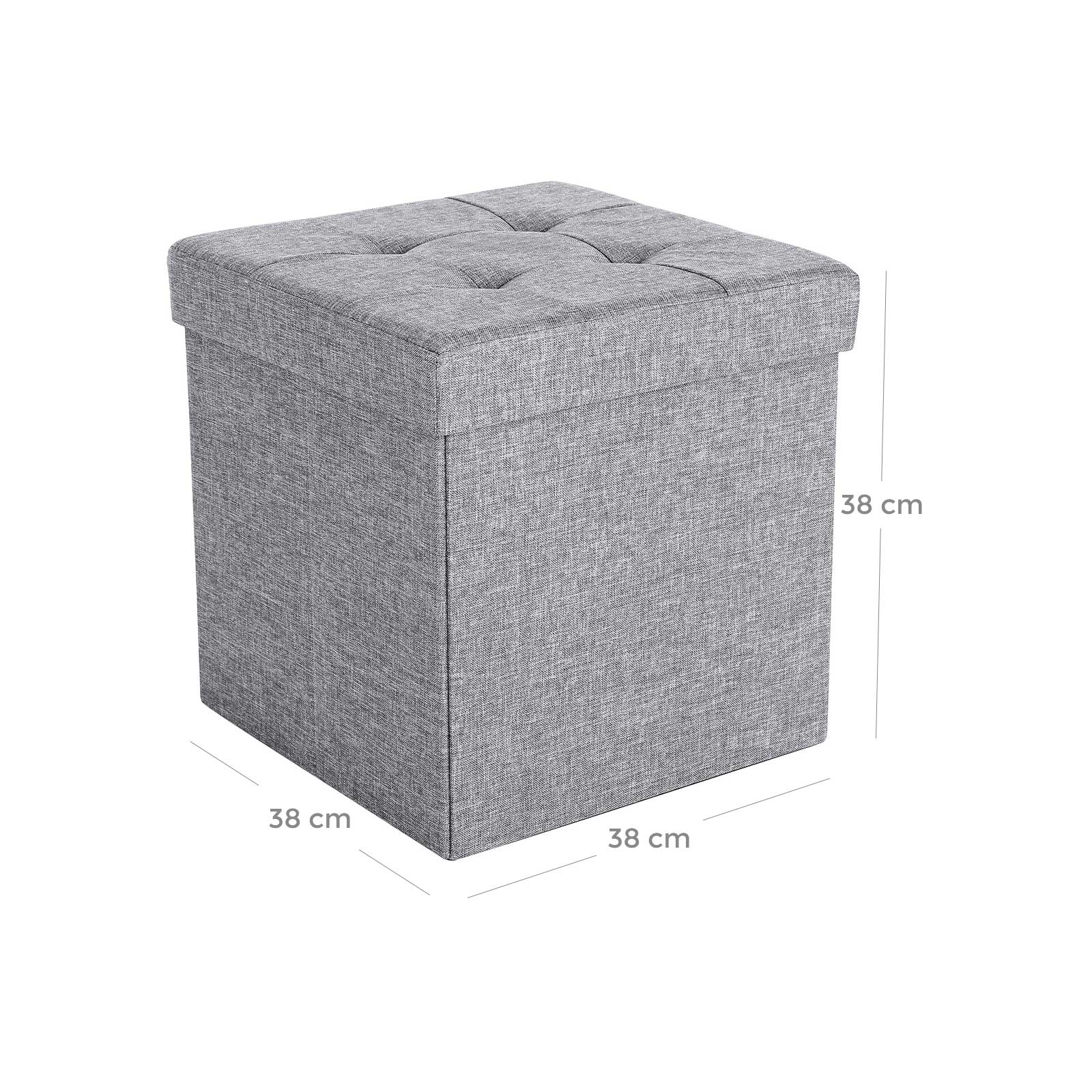 Folding Storage Ottoman – Linenette – Light Grey – Fire Safety, Space-Saving Design, Max Load 300 kg, 38 x 38 x 38 cm