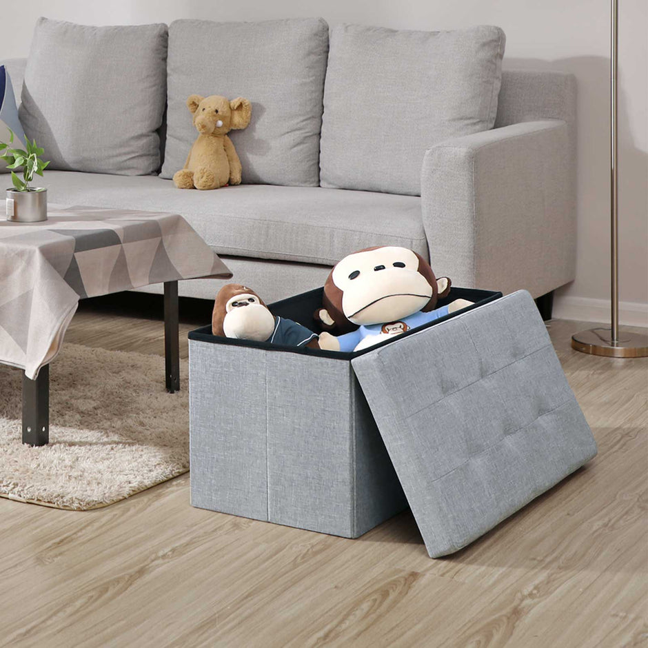 Ottoman – Linen Fabric – Dark Blue – Foldable Storage Bench with 80L Capacity