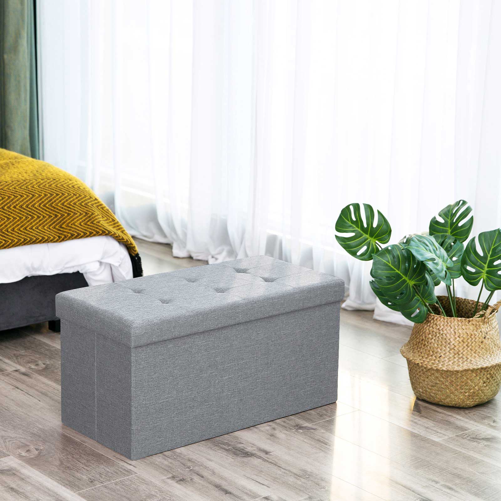 Ottoman – Linen Fabric – Dark Blue – Foldable Storage Bench with 80L Capacity