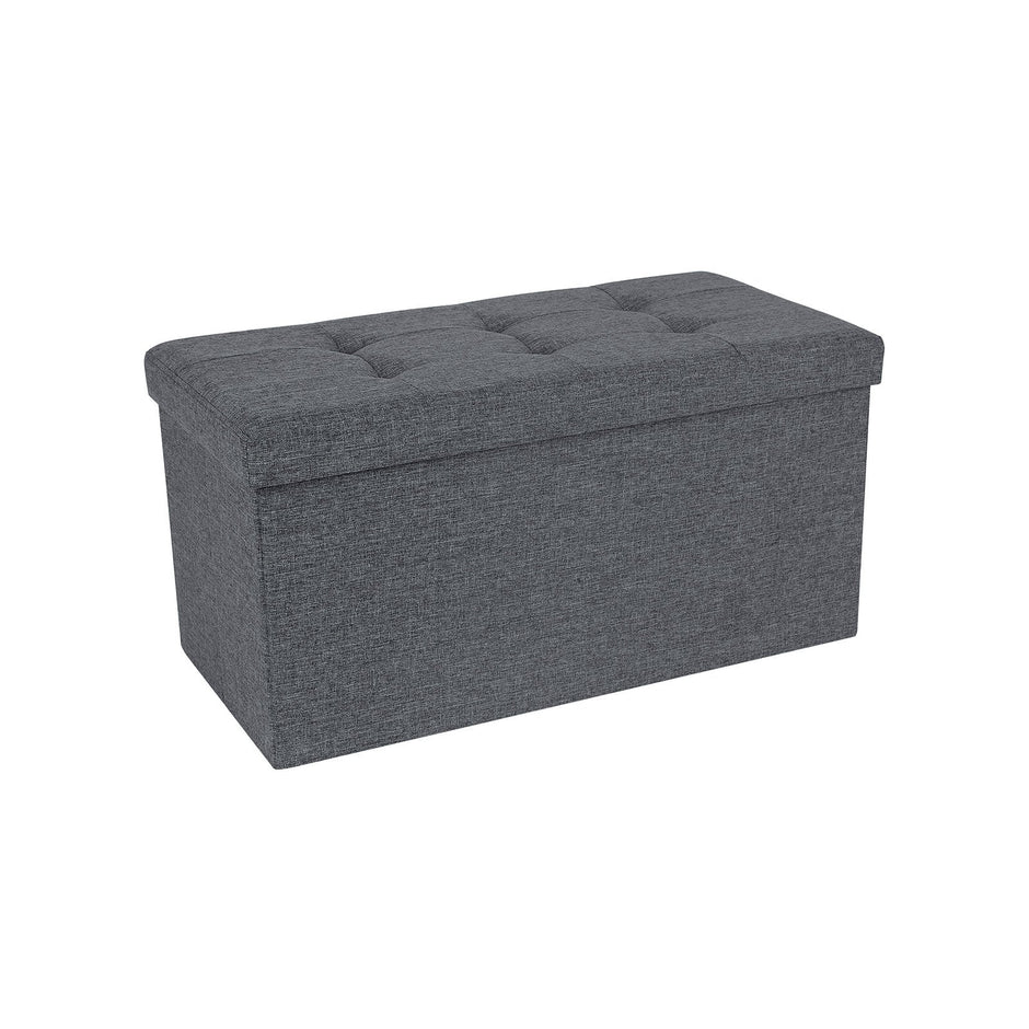 Ottoman – Linen Fabric – Dark Blue – Foldable Storage Bench with 80L Capacity