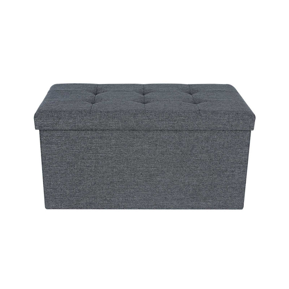 Ottoman – Linen Fabric – Dark Blue – Foldable Storage Bench with 80L Capacity