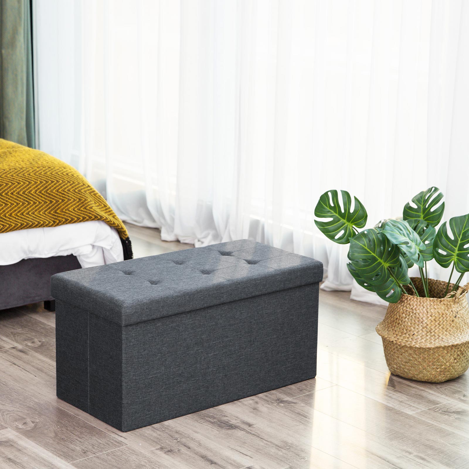 Ottoman – Linen Fabric – Dark Blue – Foldable Storage Bench with 80L Capacity
