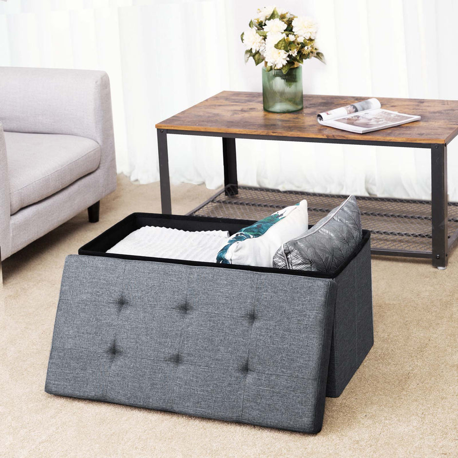 Ottoman – Linen Fabric – Dark Blue – Foldable Storage Bench with 80L Capacity