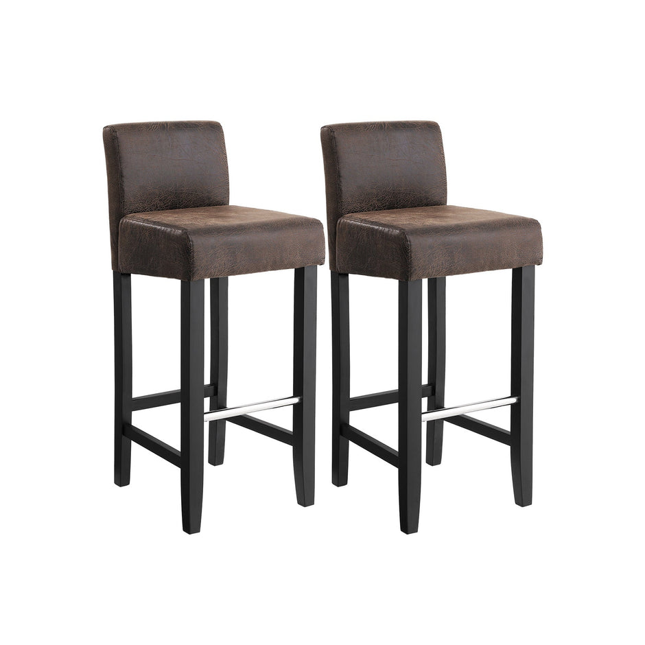 Low Back Bar Stool – PU – Brown and Black – Padded Seat with Solid Wood Legs and Footrest, Set of 2