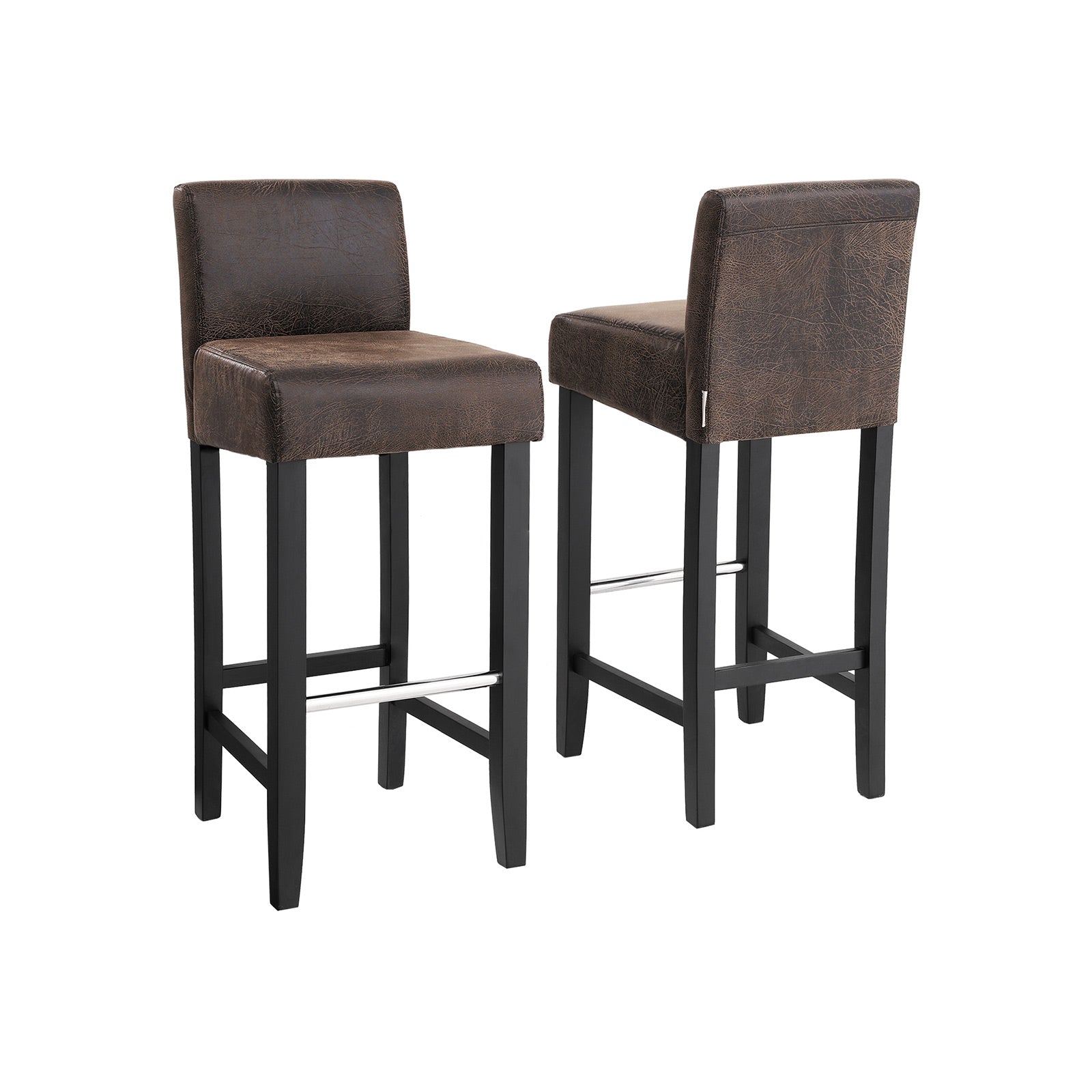 Low Back Bar Stool – PU – Brown and Black – Padded Seat with Solid Wood Legs and Footrest, Set of 2