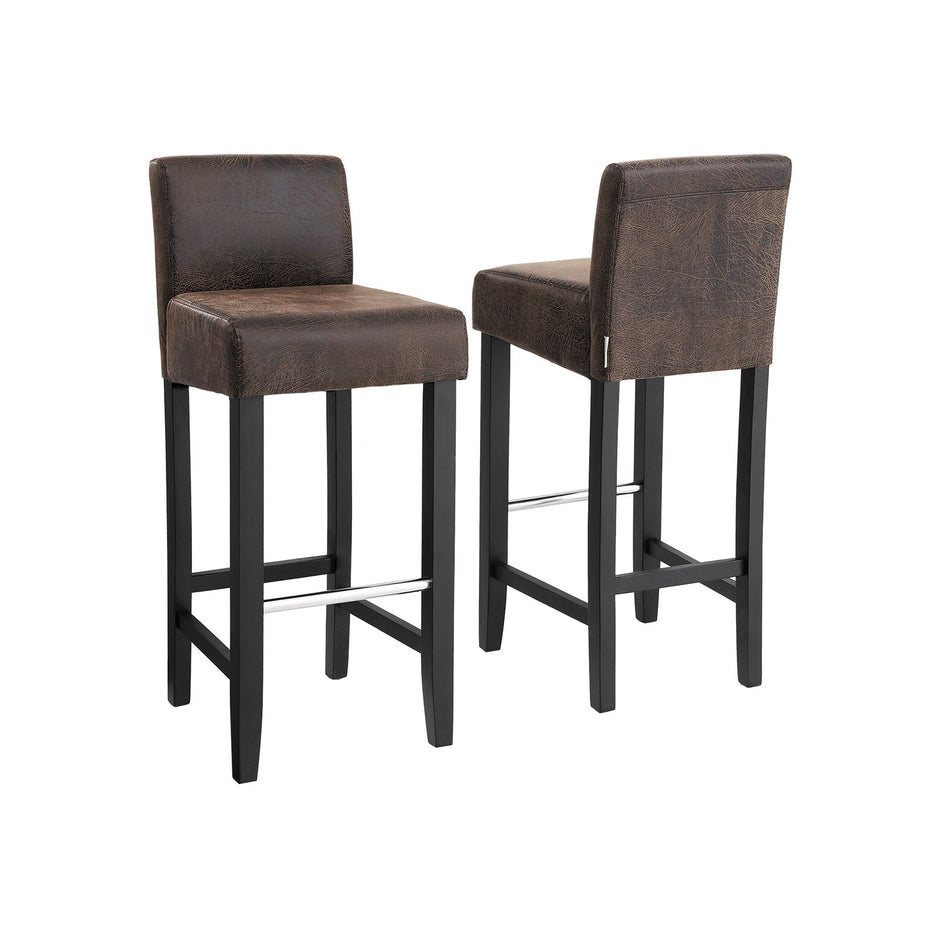 Low Back Bar Stool – PU – Brown and Black – Padded Seat with Solid Wood Legs and Footrest, Set of 2